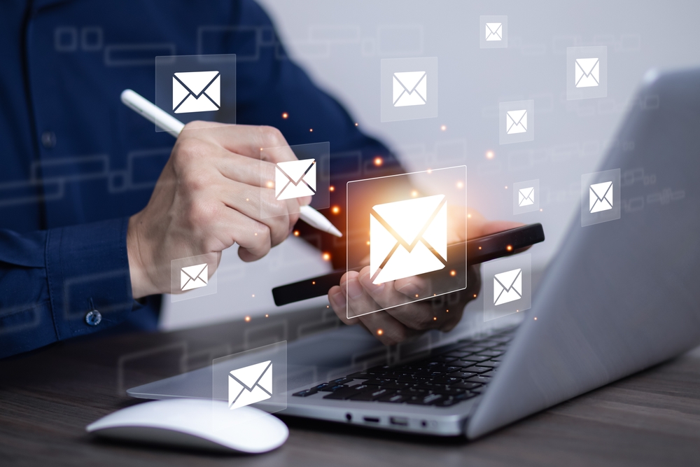 Businessman,Sending,Email,By,Laptop,Computer,To,Customer,,Business,Contact